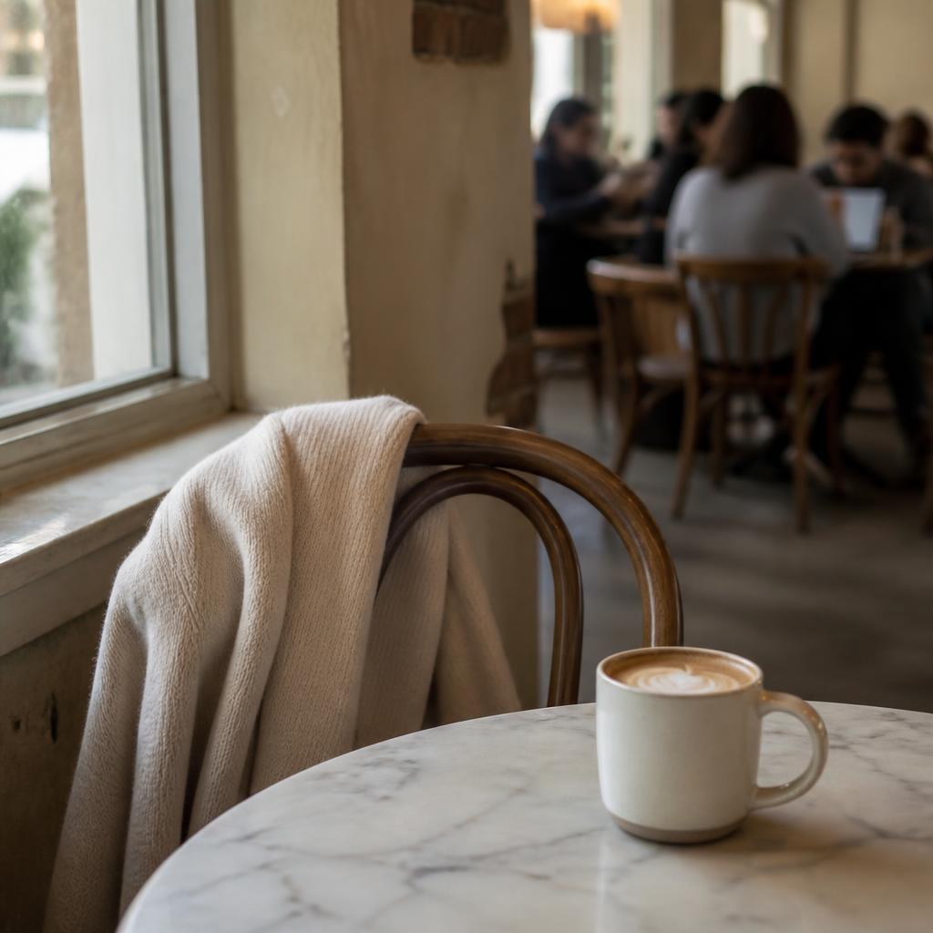 A soft cream cardigan draped over a bentwood chair at a college coffee shop, marble table with a latte in soft daylight