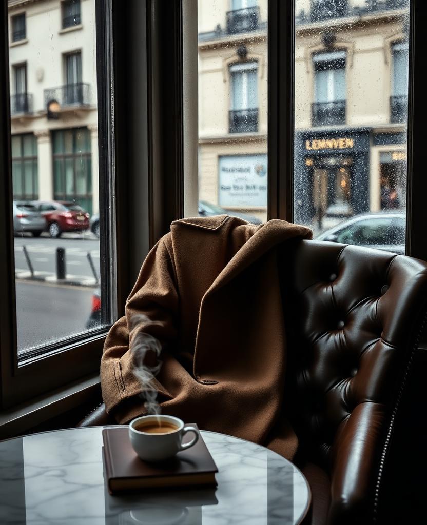Folded cream cashmere sweater on an oak café table by a rain-streaked window, steaming latte and paperback in warm interior glow